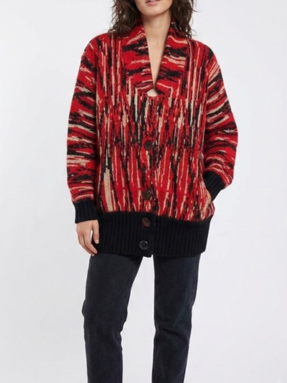 VINTAGE 80’s Wool Grandpa Cardigan Abstract Chunky Longline Sweater Medium